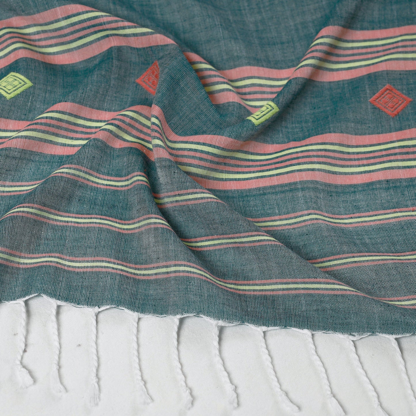 Assam Weave Handloom Cotton Thread Motifs Stole with Tassels