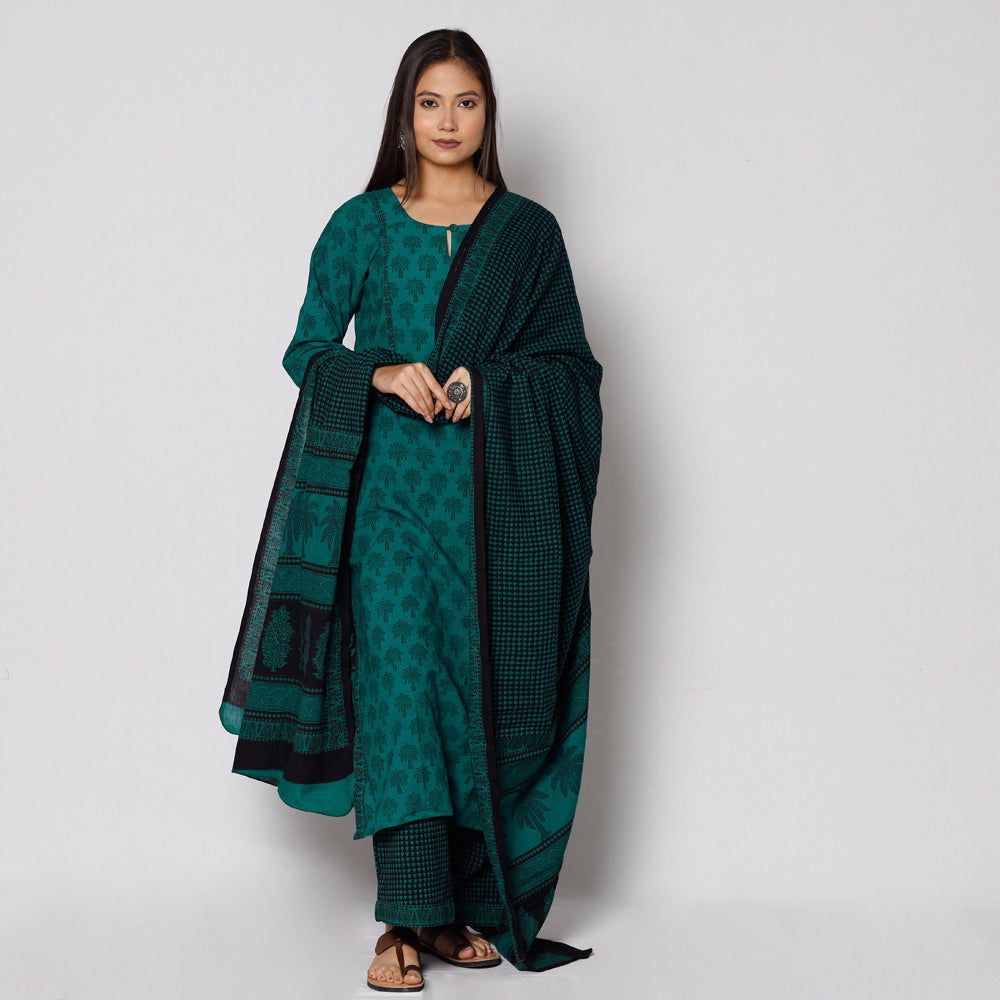 Bagh Block Printed Cotton Kurta with Palazzo & Dupatta Set