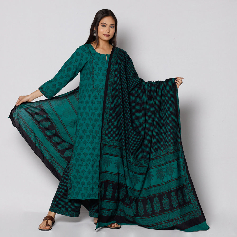 Bagh Block Printed Cotton Kurta with Palazzo & Dupatta Set