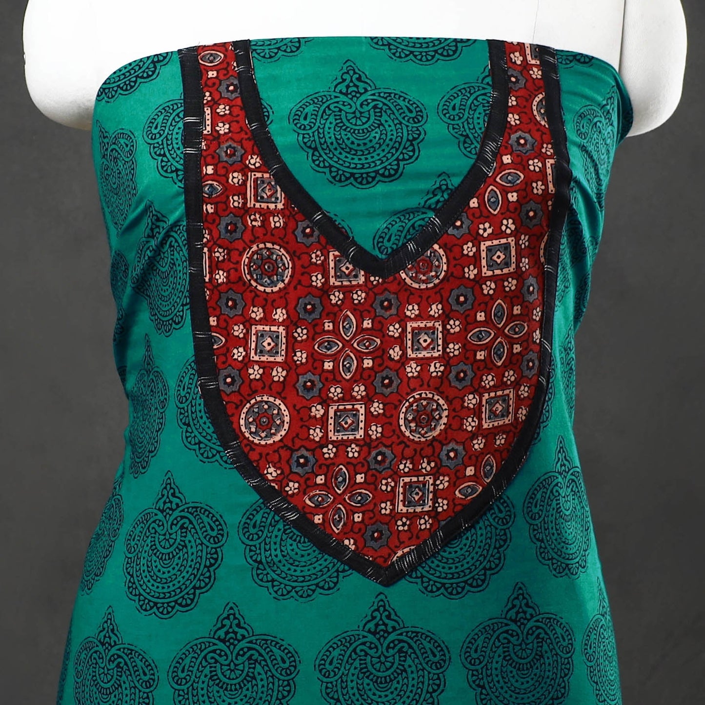 Green - Bagh Print Cotton Kurta Material with Patchwork (3m) 03