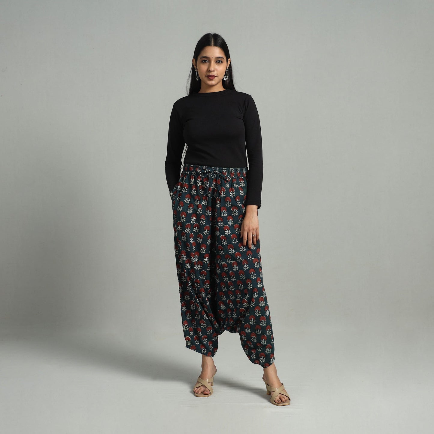 Green - bagru cotton elasticated harem pant 05 - handcrafted