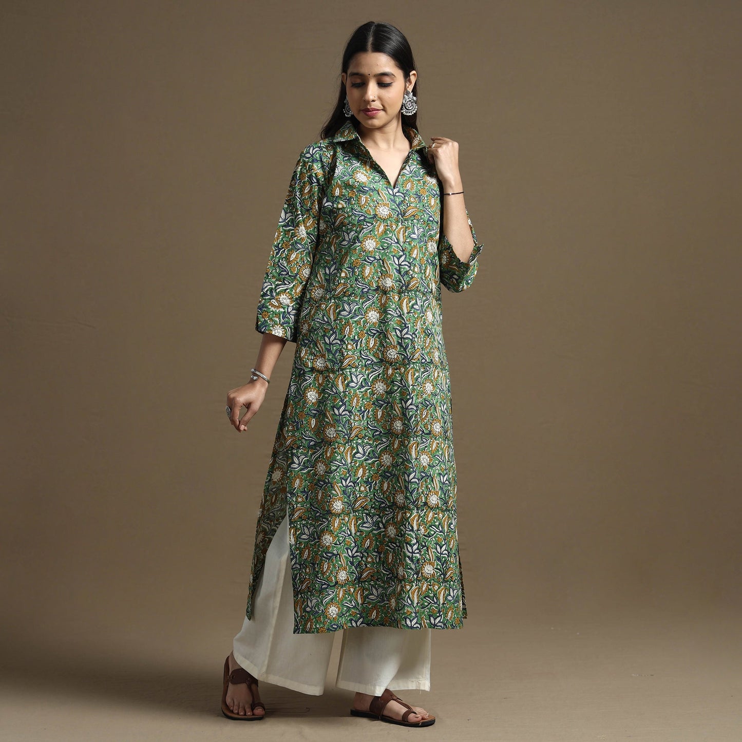 Green - bagru hand block printed cotton straight kurta