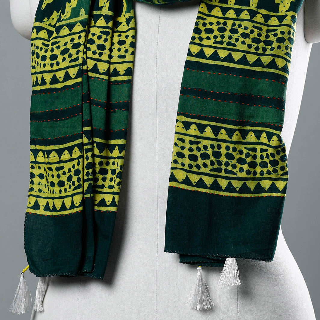 Bagru Block Printed Tagai Work Cotton Stole with Tassels