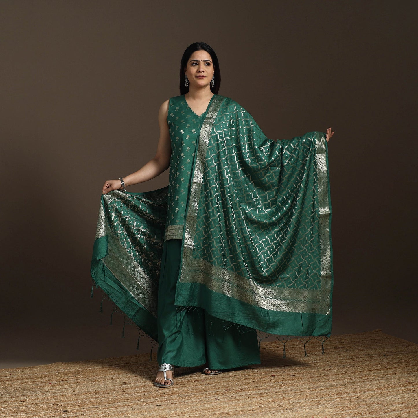 Green - banarasi tanchoi silk cotton palaazo set for women