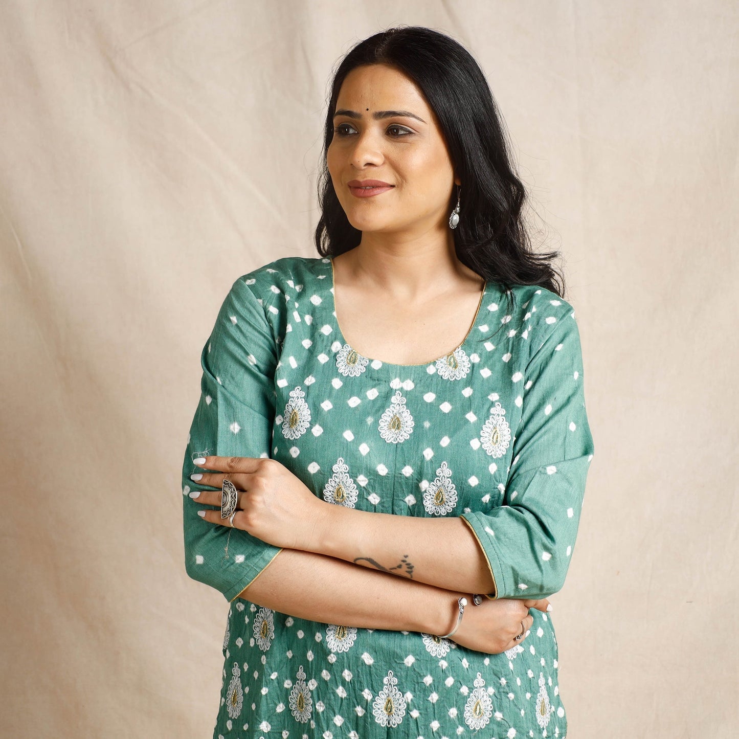 Bandhani Cotton Kurta with Salwar & Dupatta Set