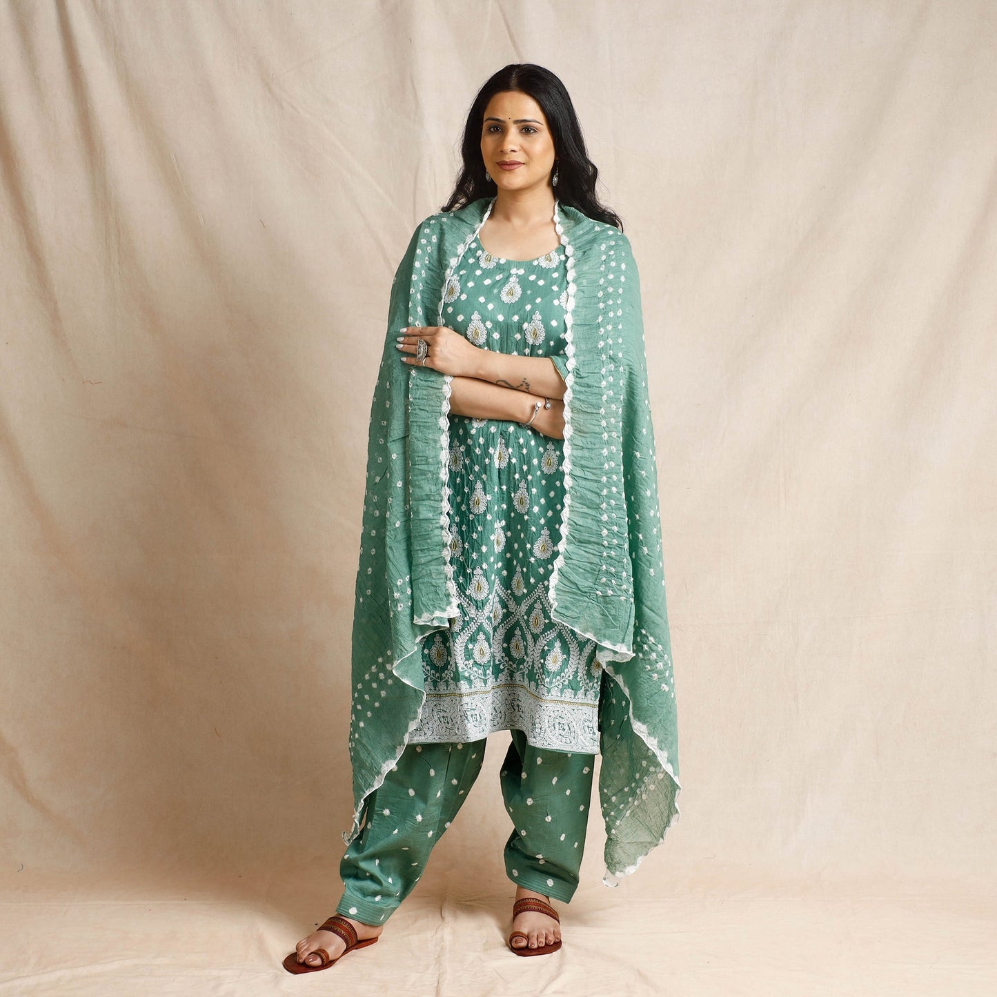Bandhani Cotton Kurta with Salwar & Dupatta Set