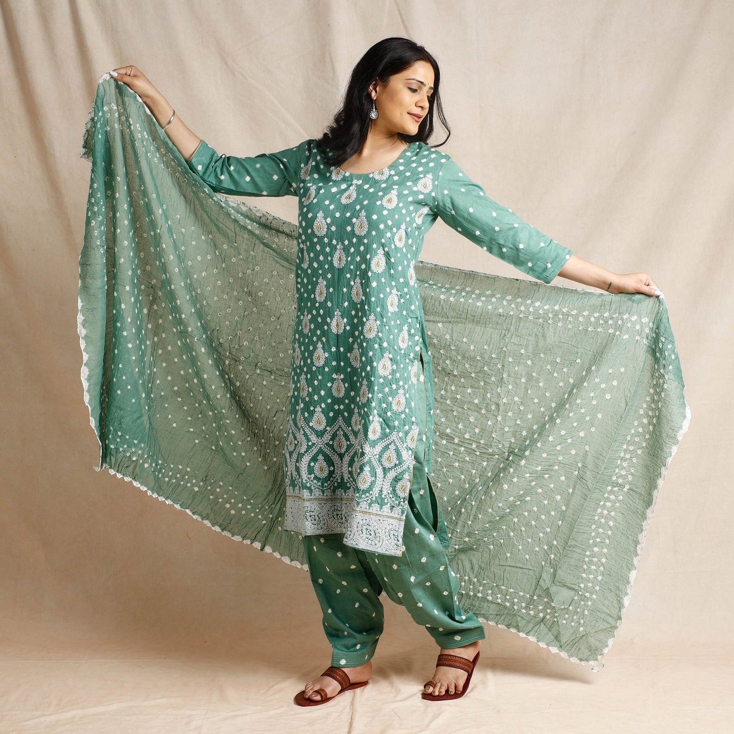 Bandhani Cotton Kurta with Salwar & Dupatta Set