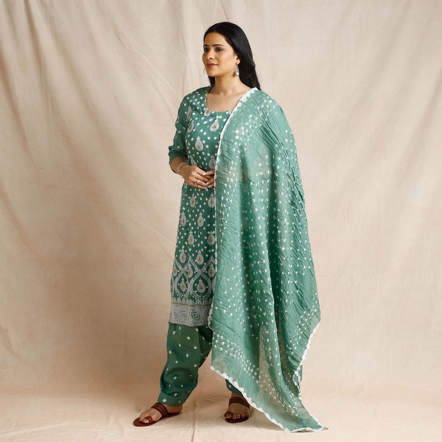 Bandhani Cotton Kurta with Salwar & Dupatta Set