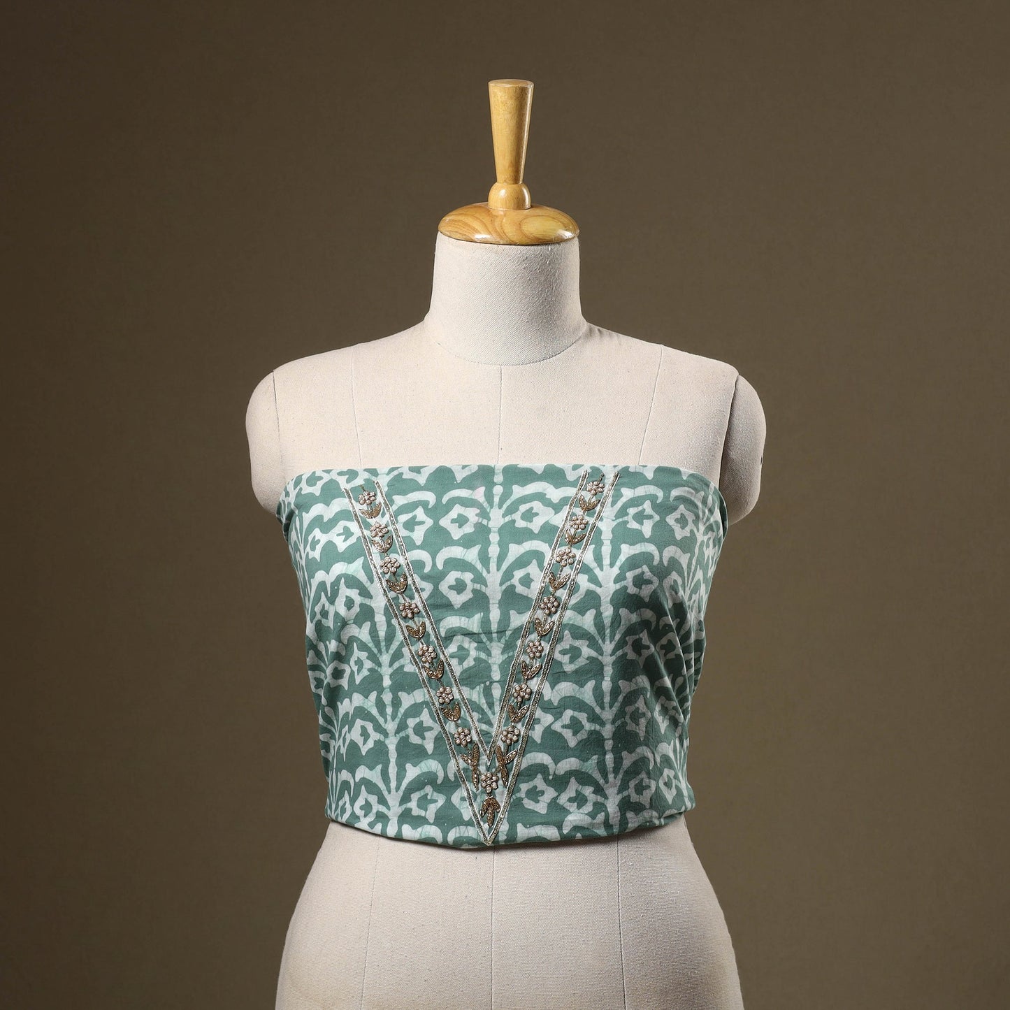 Green Batik Print Hand Embroidery Cotton Blouse Piece