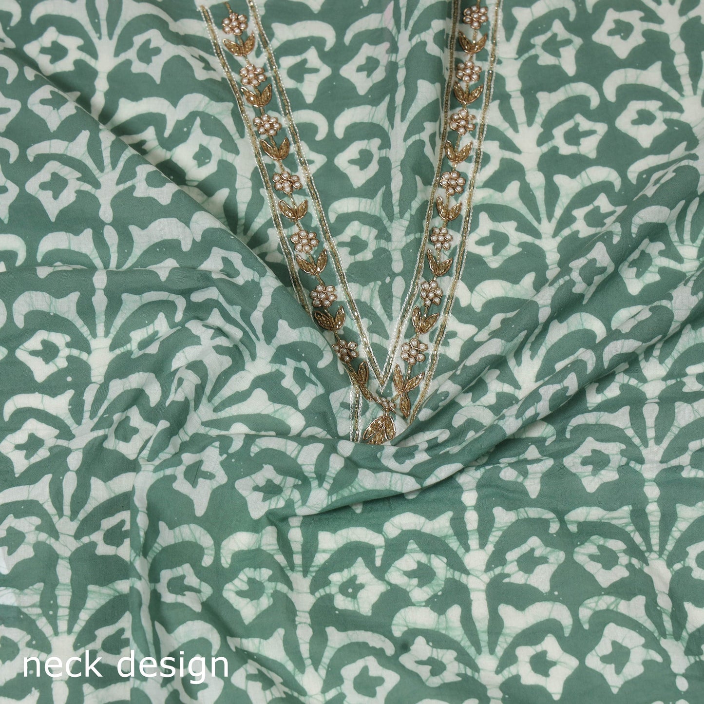 Green Batik Print Hand Embroidery Cotton Blouse Piece