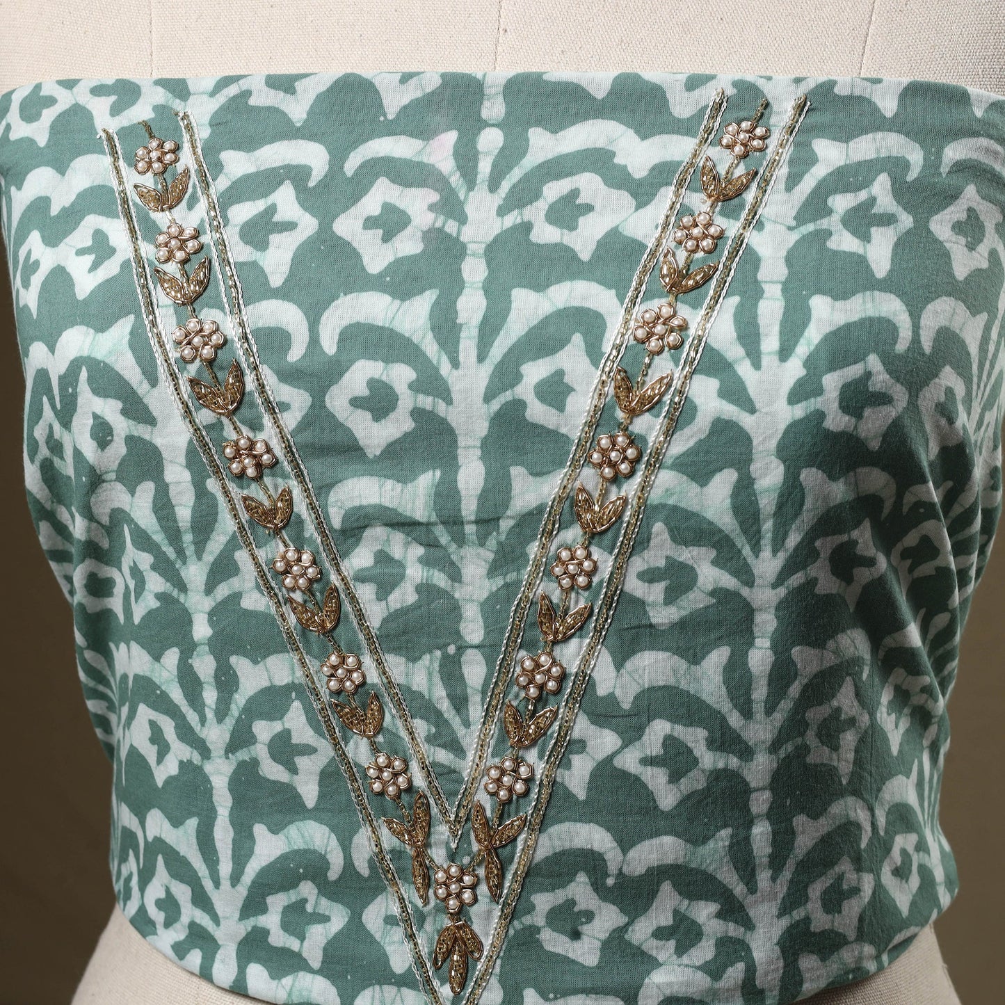 Green Batik Print Hand Embroidery Cotton Blouse Piece