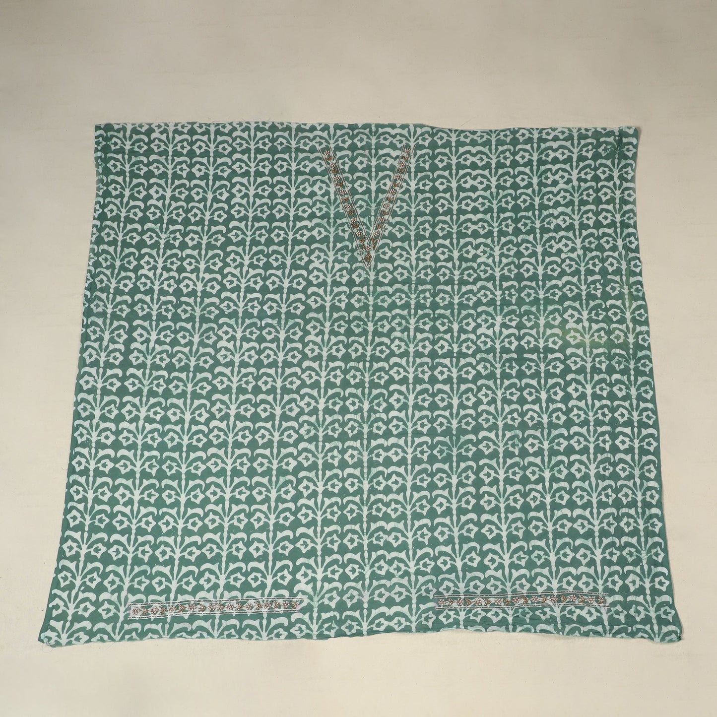 Green Batik Print Hand Embroidery Cotton Blouse Piece
