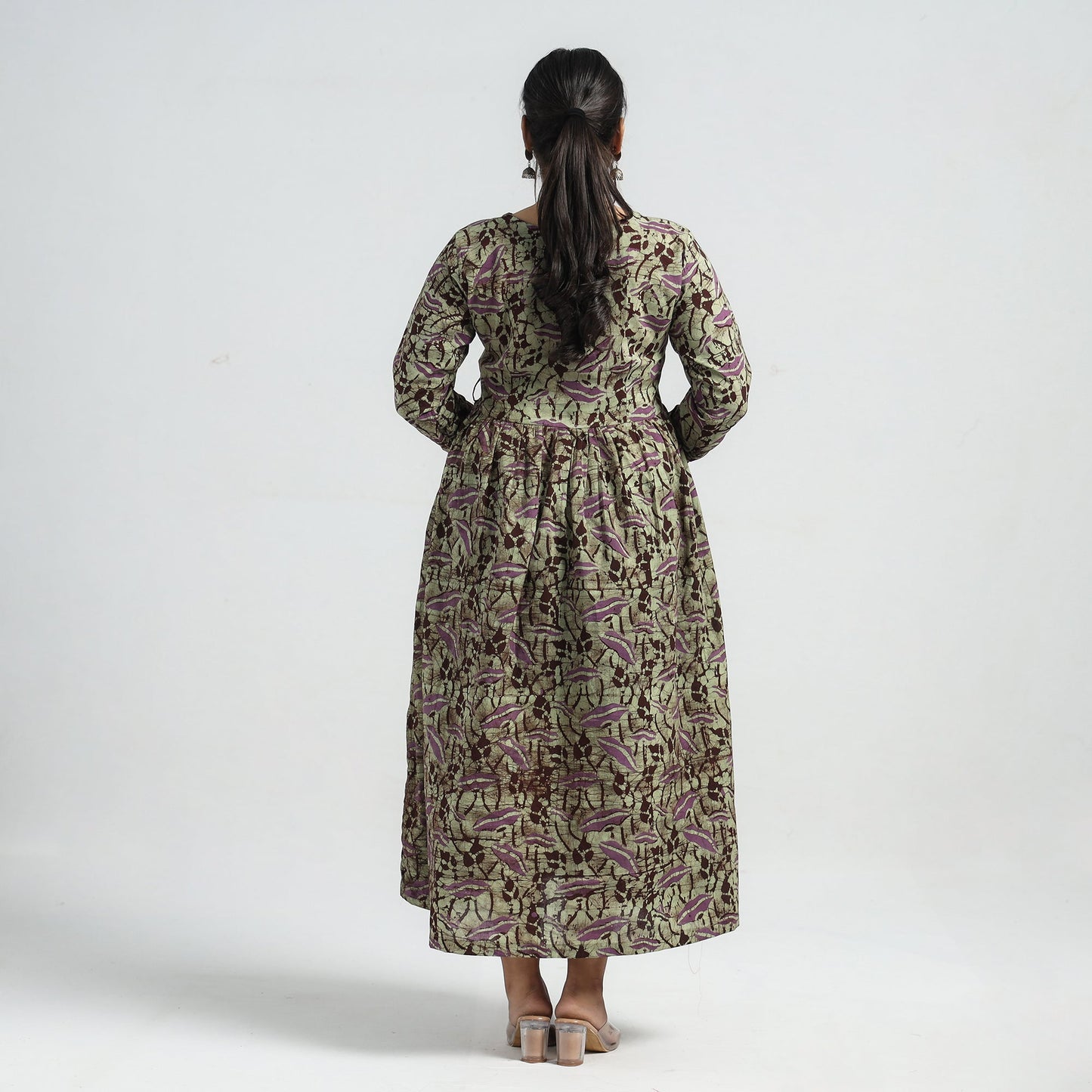 Green - Batik Printed Cotton Angrakha Flared Dress