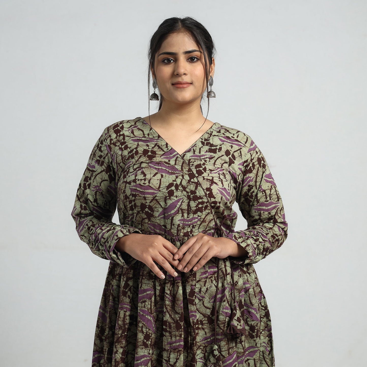 Green - Batik Printed Cotton Angrakha Flared Dress