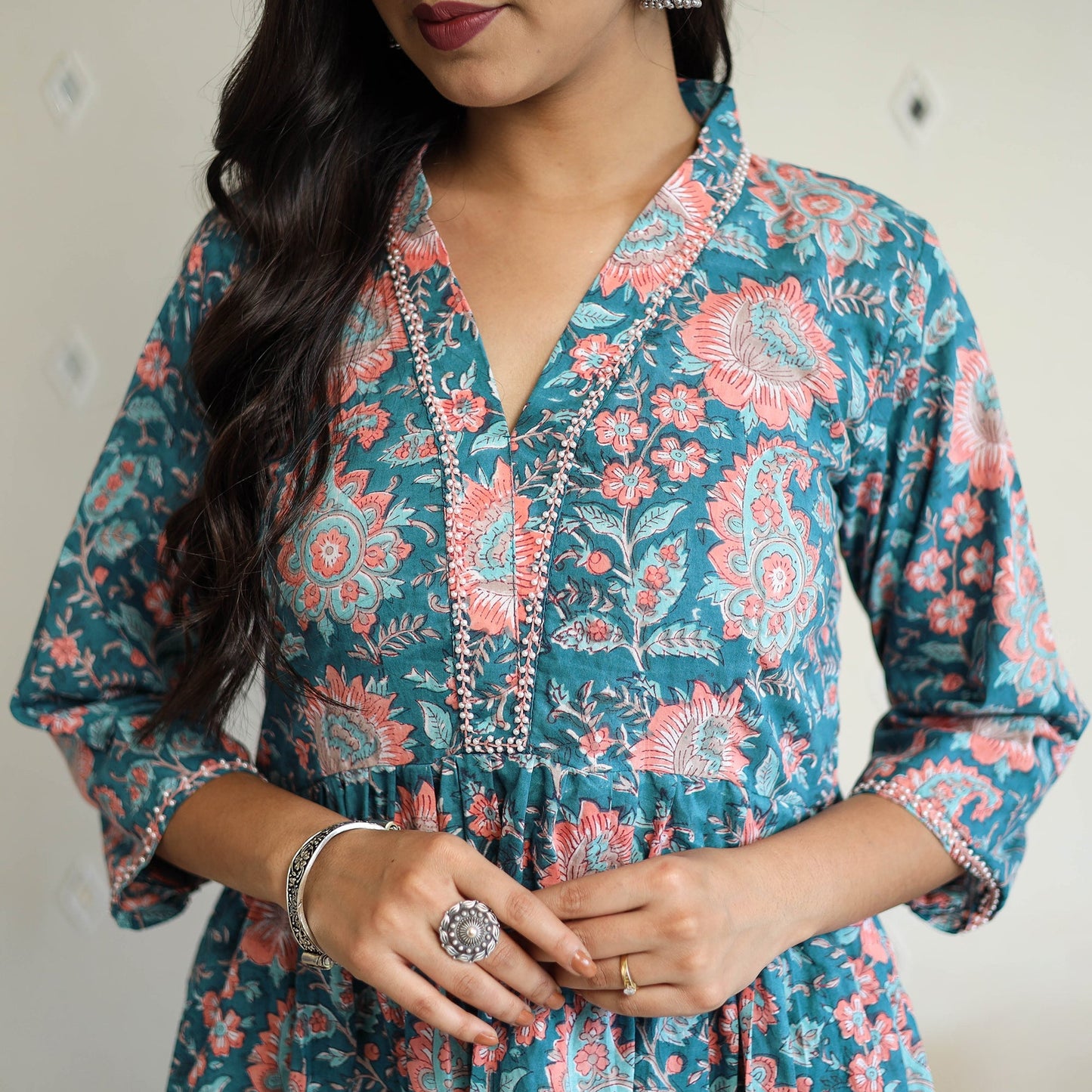 Buy Green Beadwork Flared Cotton Block Print Sanganeri Kurta