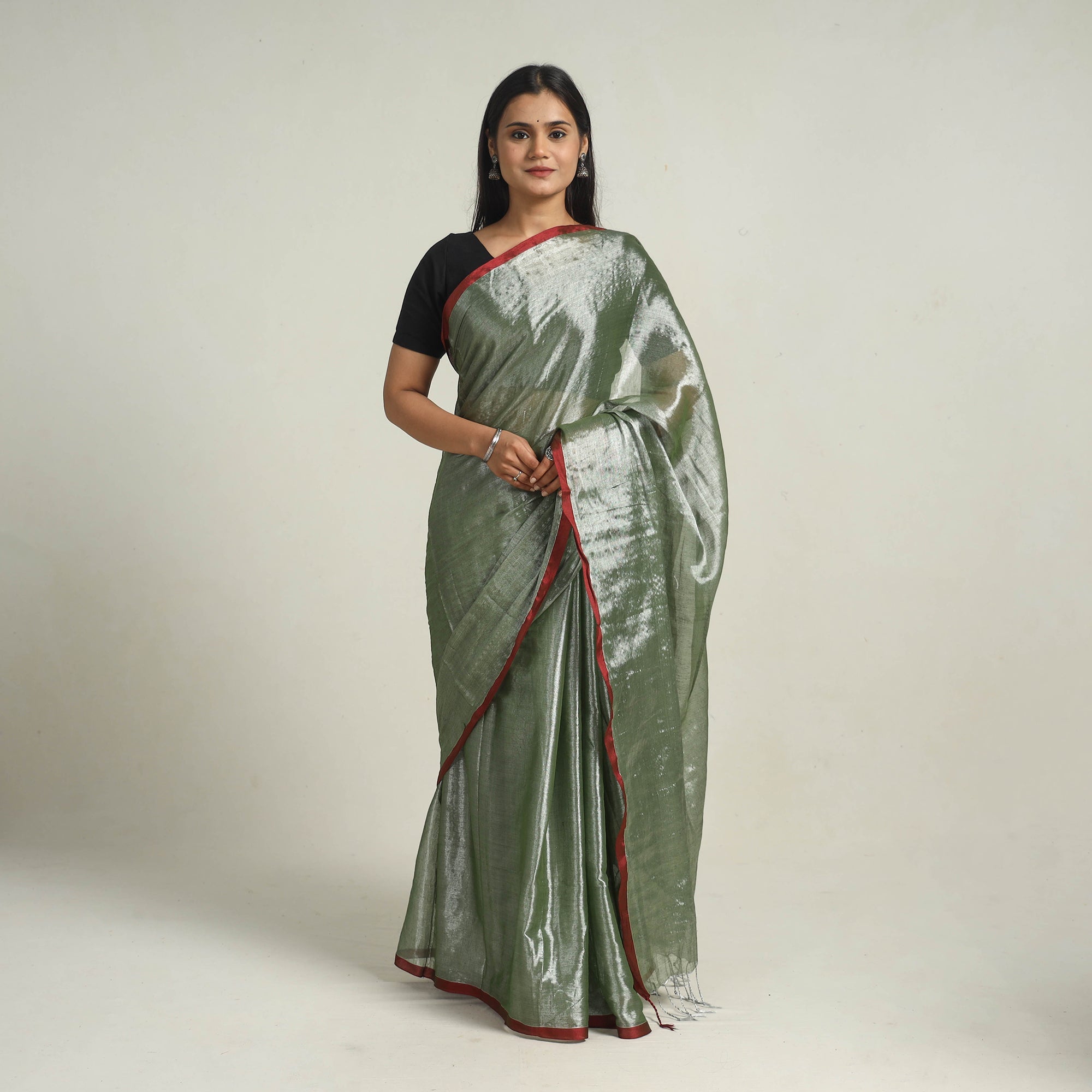Orange - Mul Tissue Zari Bengal Saree with Embroidered Blouse 12