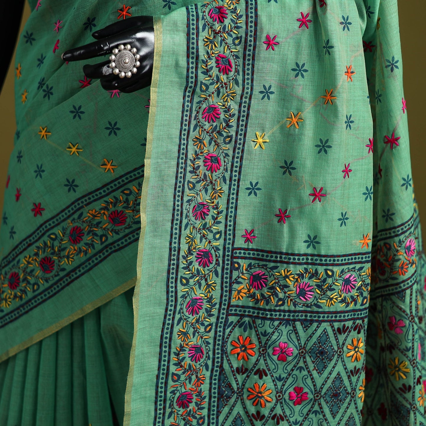 Bengal hand embroidery silk cotton chapa work kantha saree