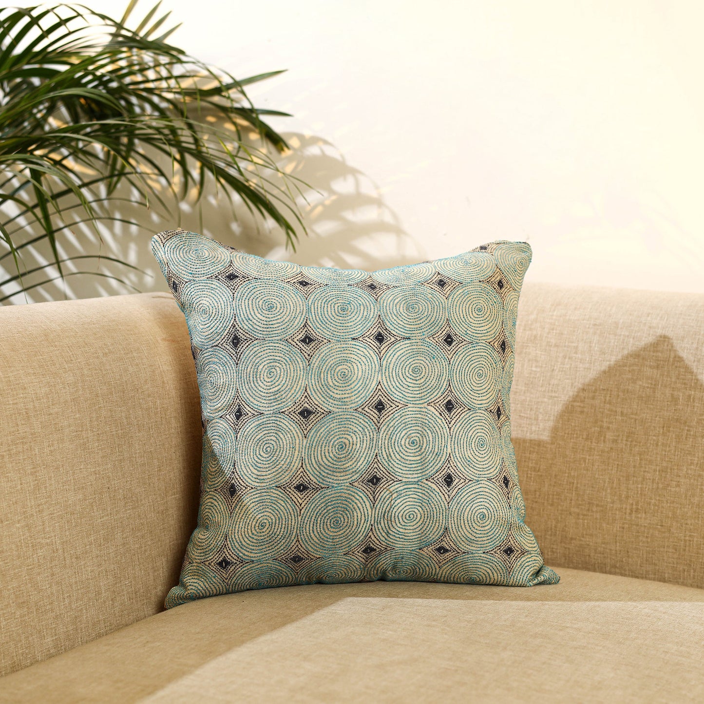 Buy Green Bengal Kantha Work Reversible Silk Cushion Cover