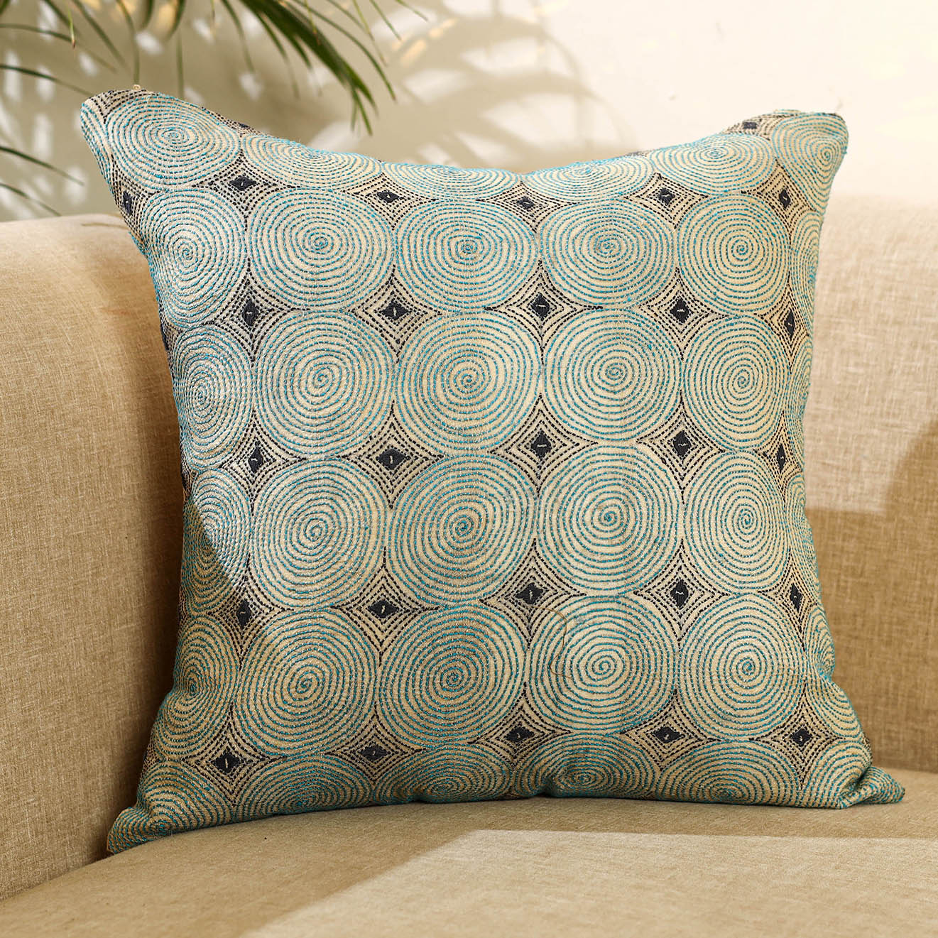 Buy Green Bengal Kantha Work Reversible Silk Cushion Cover