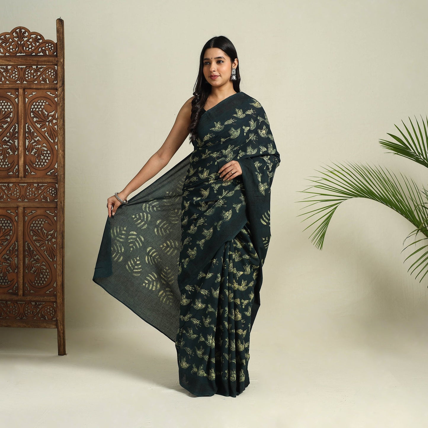 Buy Green Bindaas Art Natural Dyed Cotton Block Print Saree