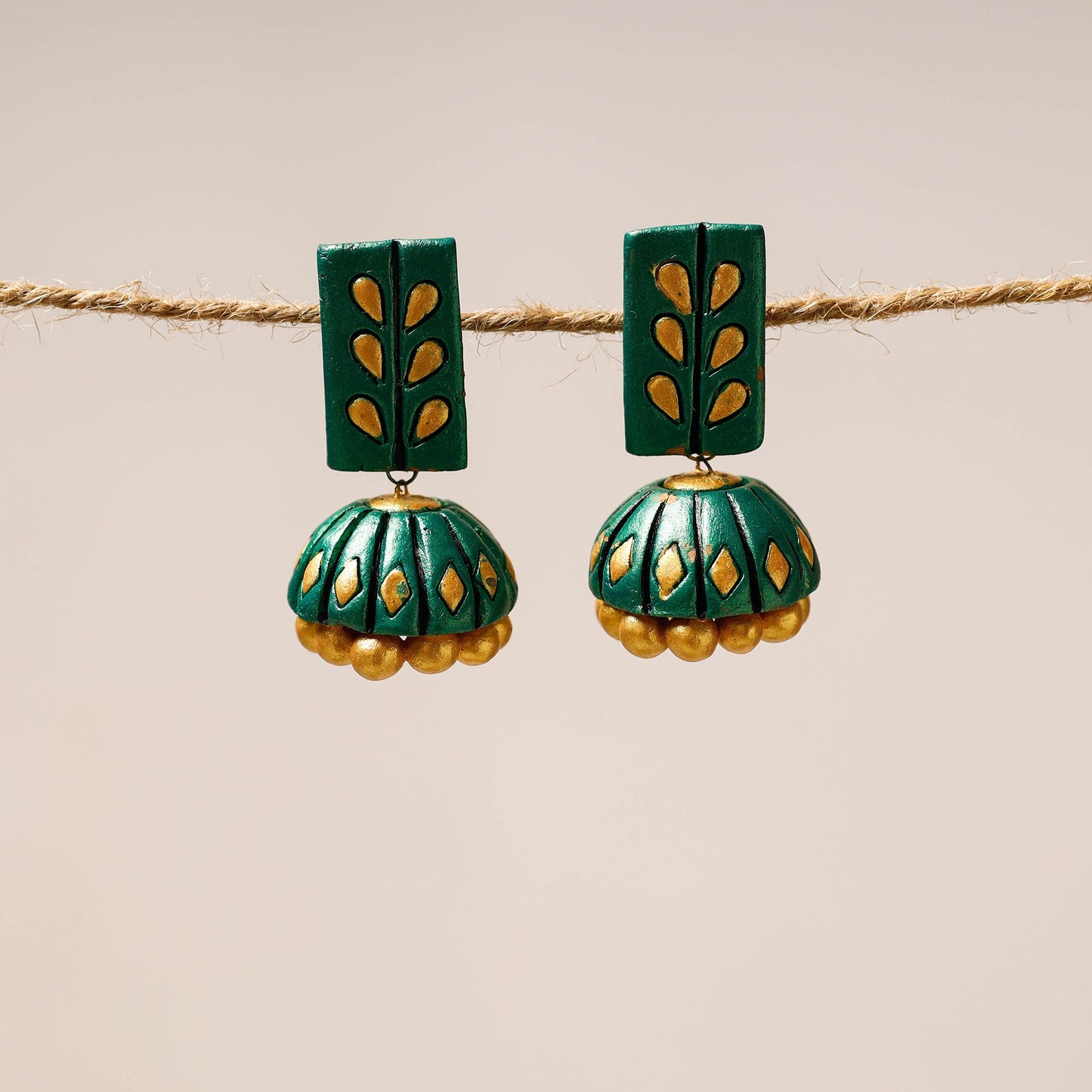 Green Bishnupur Handpainted Terracotta Jhumki Earrings