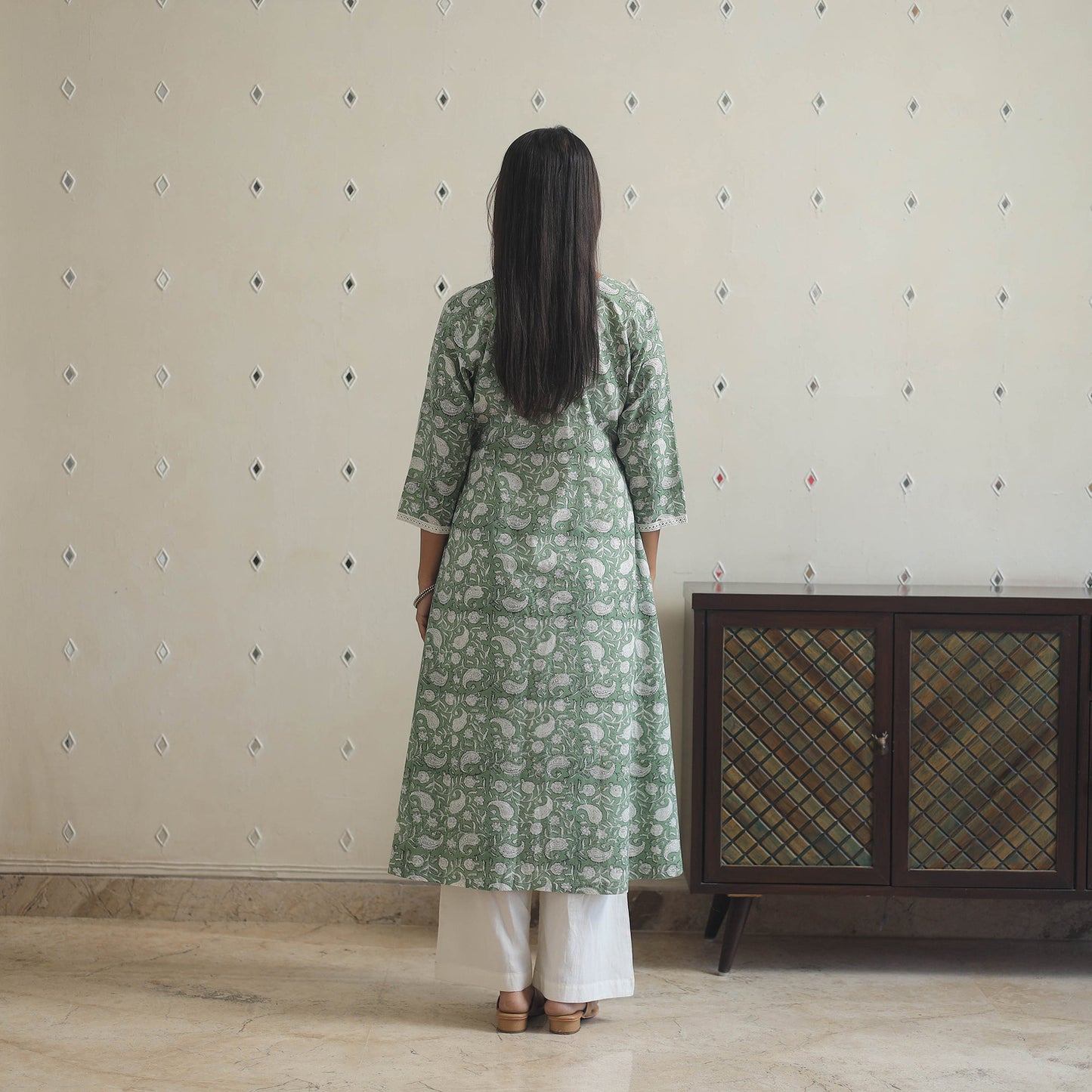 Green Block Print Cotton A-Line Sanganeri Kurta