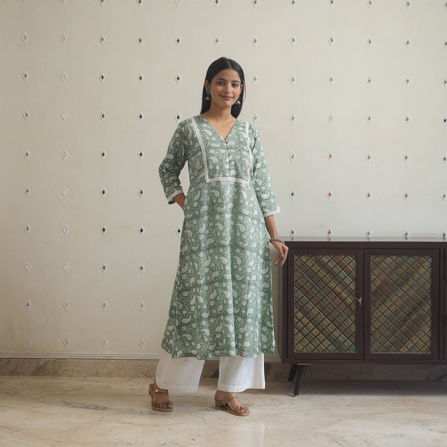 Green Block Print Cotton A-Line Sanganeri Kurta