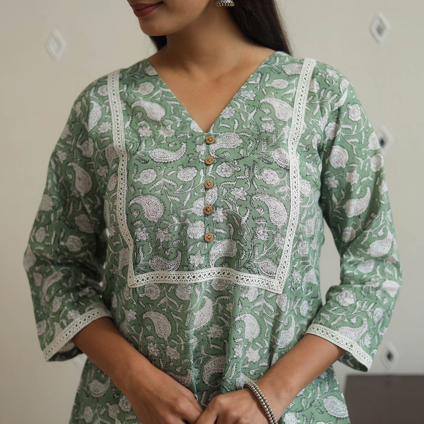 Green Block Print Cotton A-Line Sanganeri Kurta