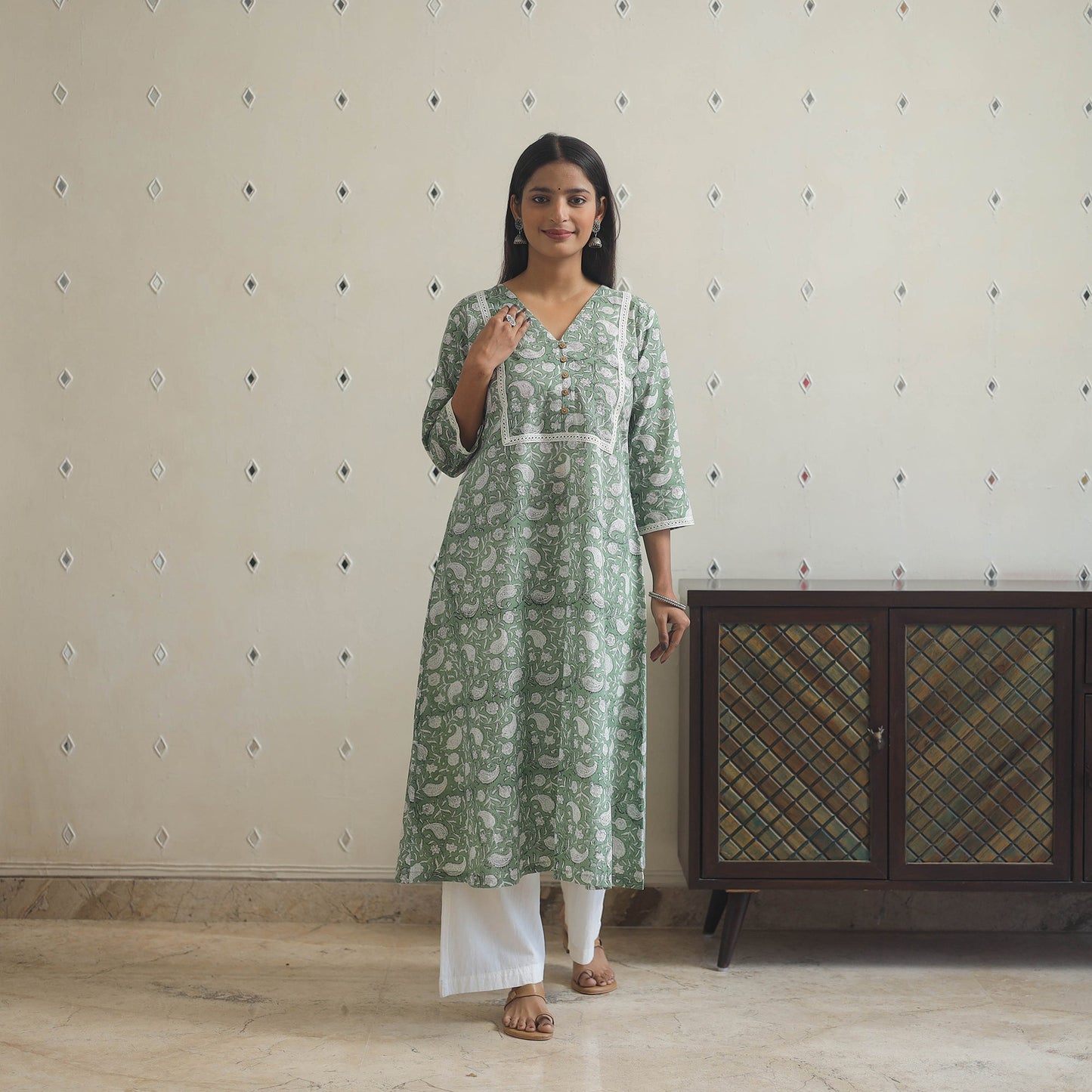 Green Block Print Cotton A-Line Sanganeri Kurta