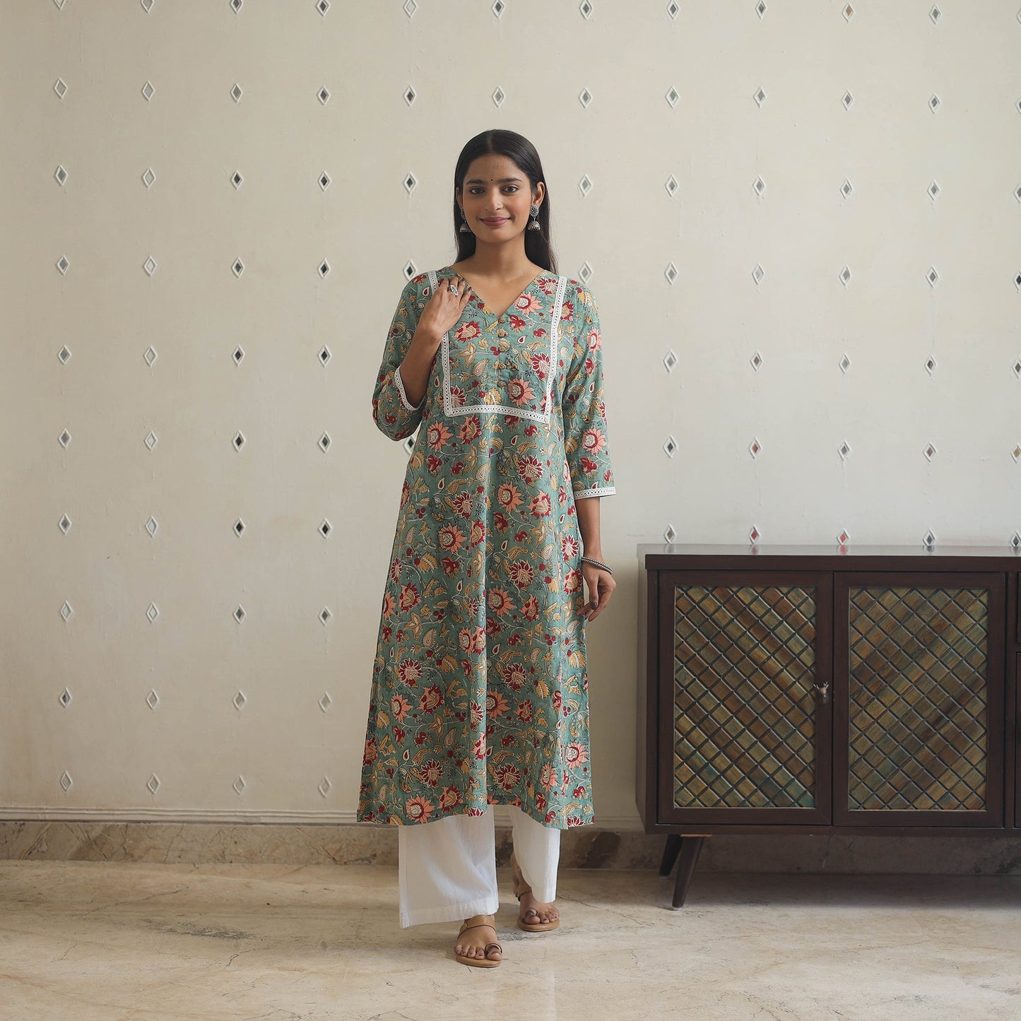 Green Block Print Cotton A-Line Sanganeri Kurta