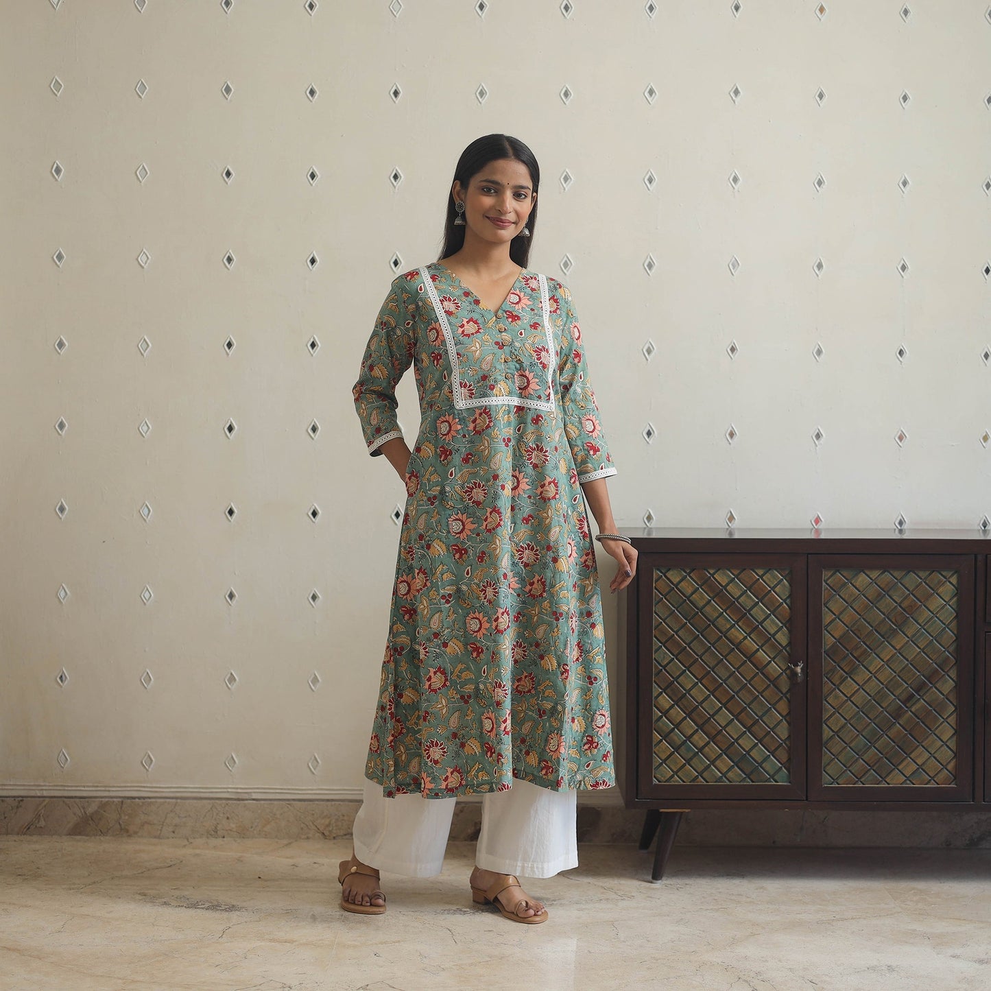 Green Block Print Cotton A-Line Sanganeri Kurta