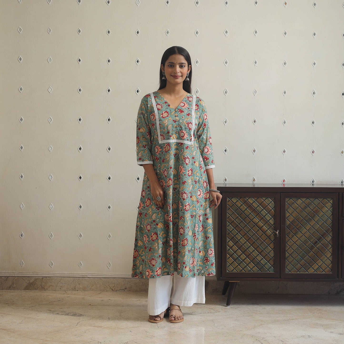 Green Block Print Cotton A-Line Sanganeri Kurta