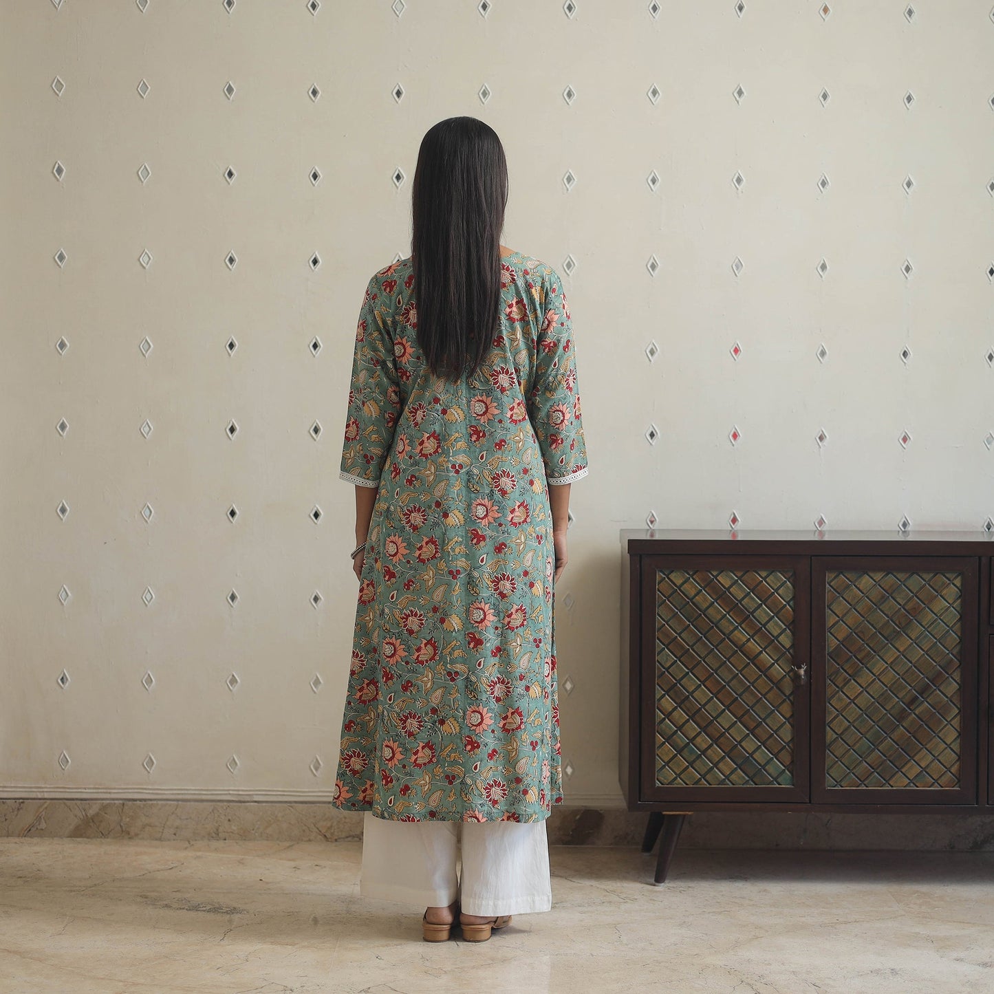 Green Block Print Cotton A-Line Sanganeri Kurta