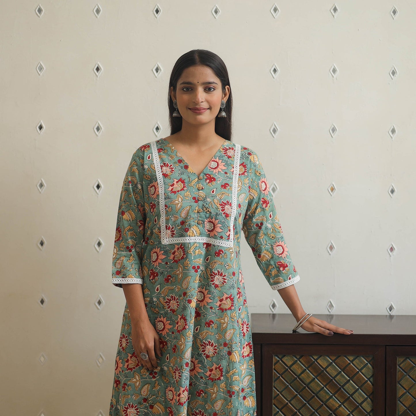 Green Block Print Cotton A-Line Sanganeri Kurta