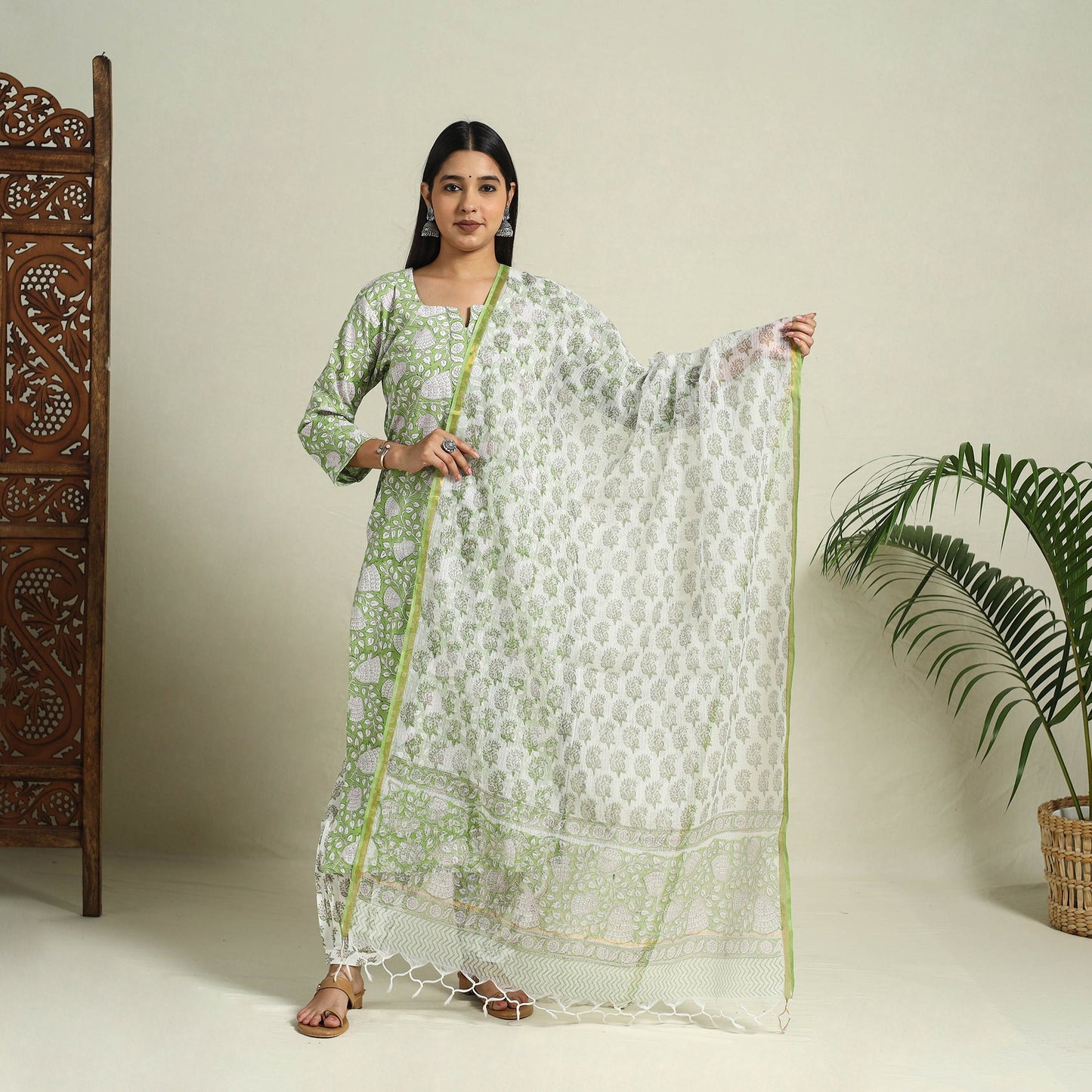 Block Print Cotton Green Sanganeri Kurta Set