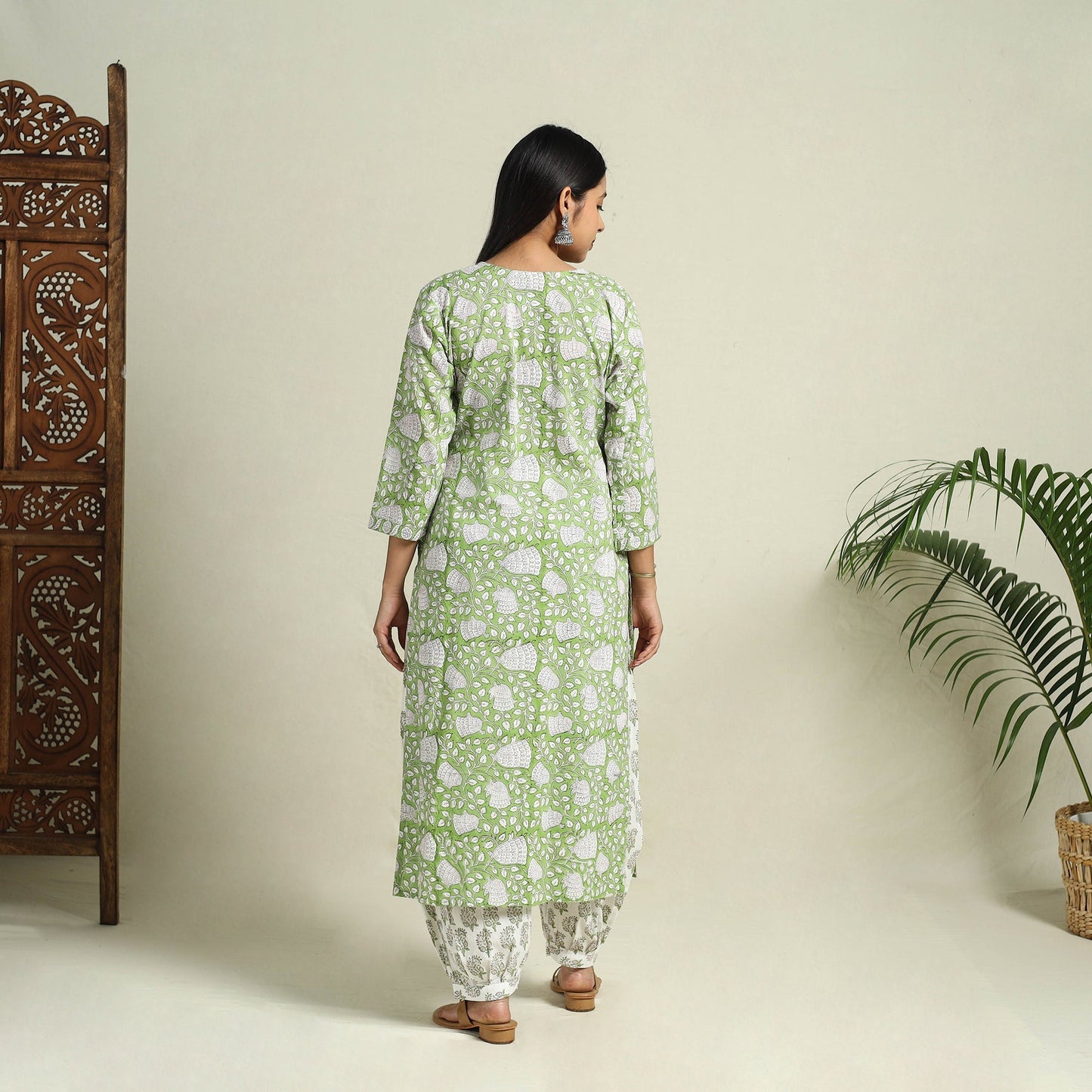 Block Print Cotton Green Sanganeri Kurta Set
