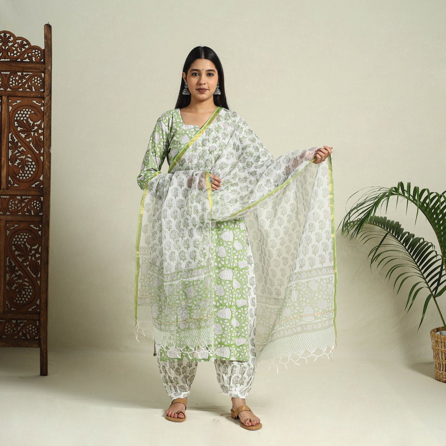 Block Print Cotton Green Sanganeri Kurta Set