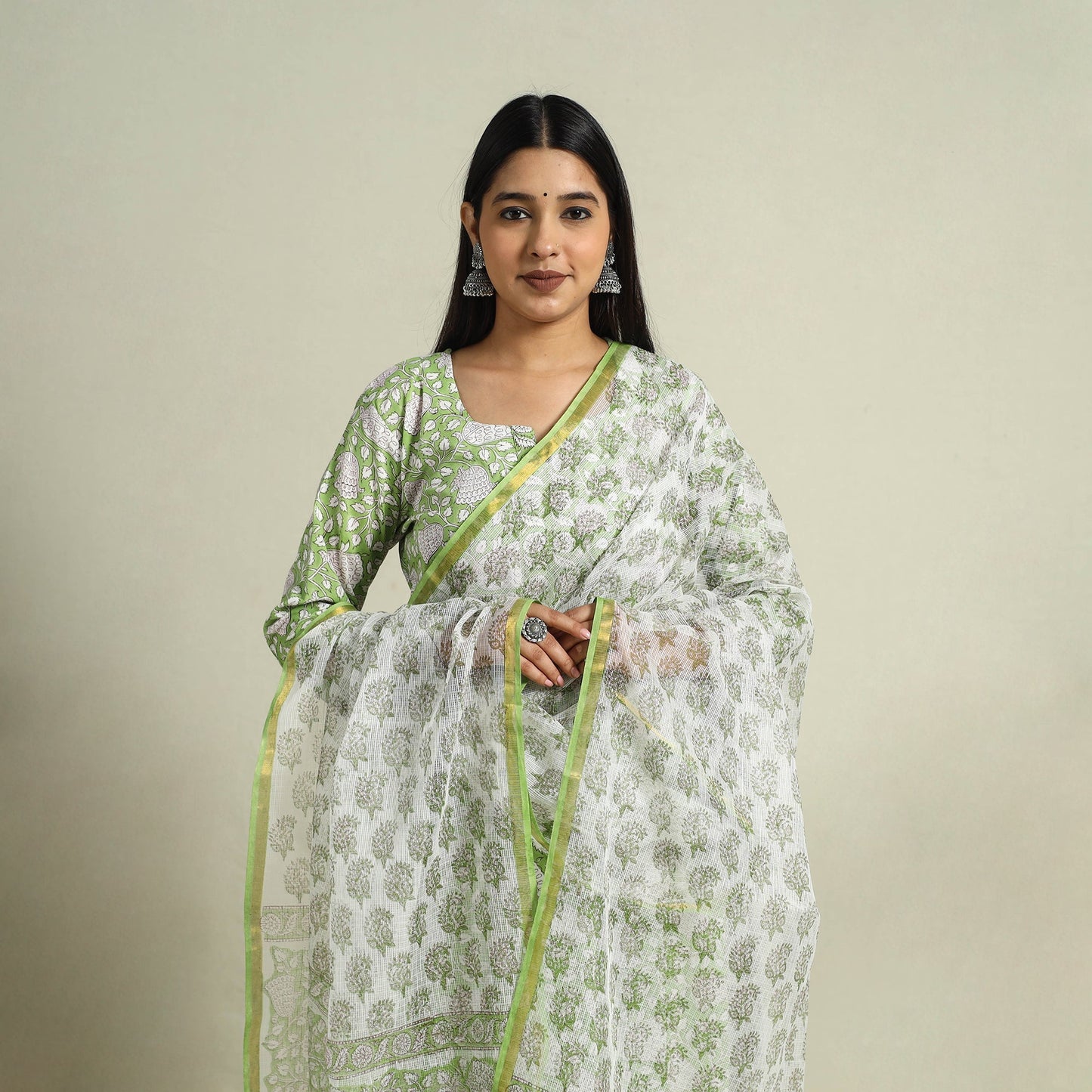 Block Print Cotton Green Sanganeri Kurta Set