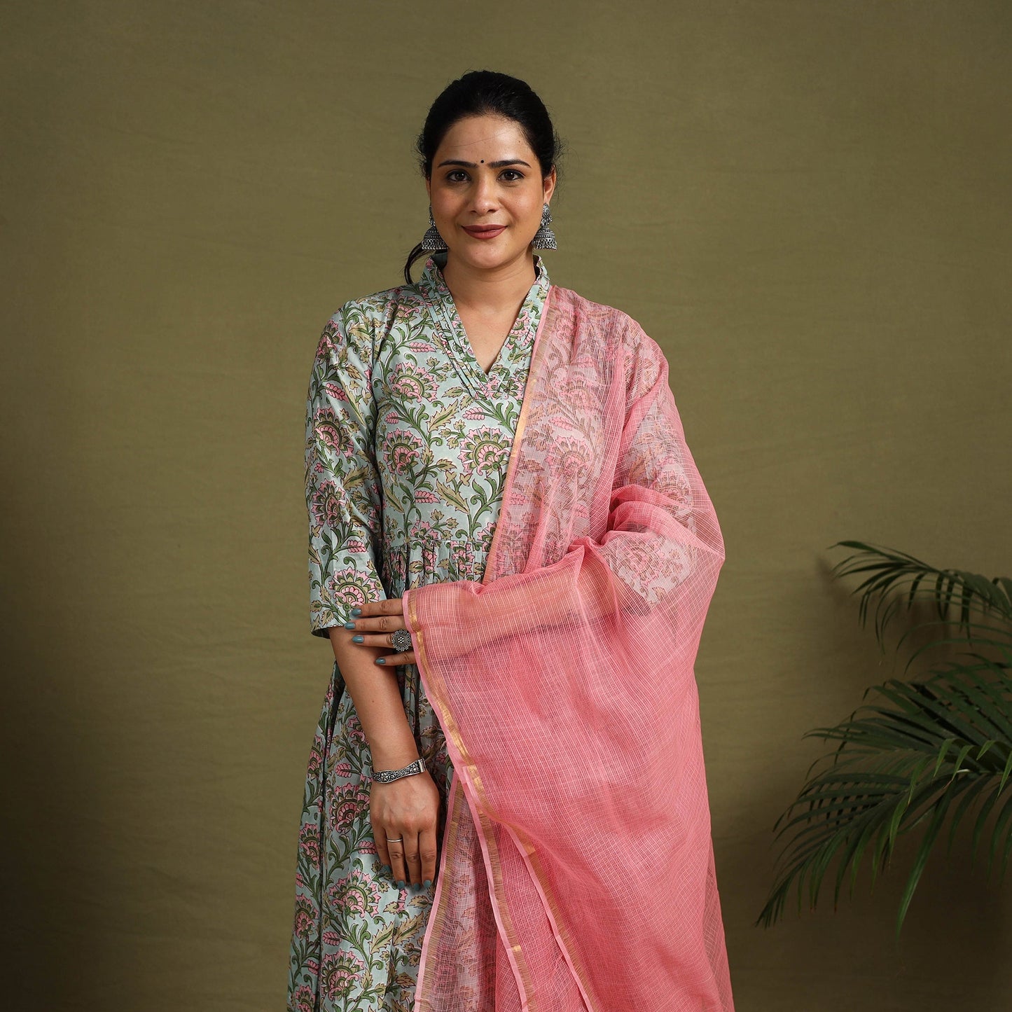 Green Block Print Cotton Sanganeri Kurta Set (Set of 3)