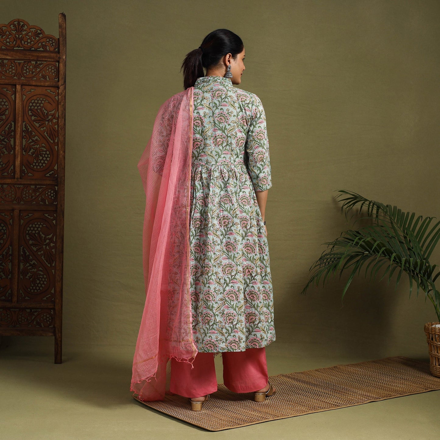 Green Block Print Cotton Sanganeri Kurta Set (Set of 3)
