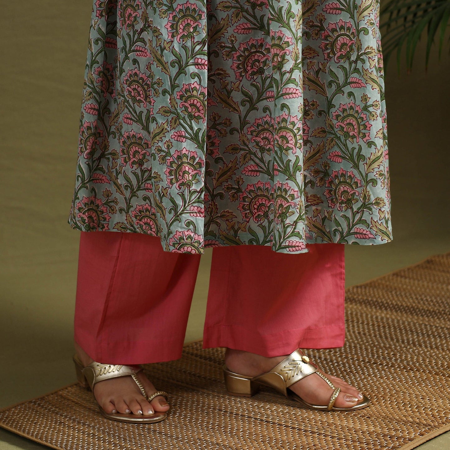Green Block Print Cotton Sanganeri Kurta Set (Set of 3)