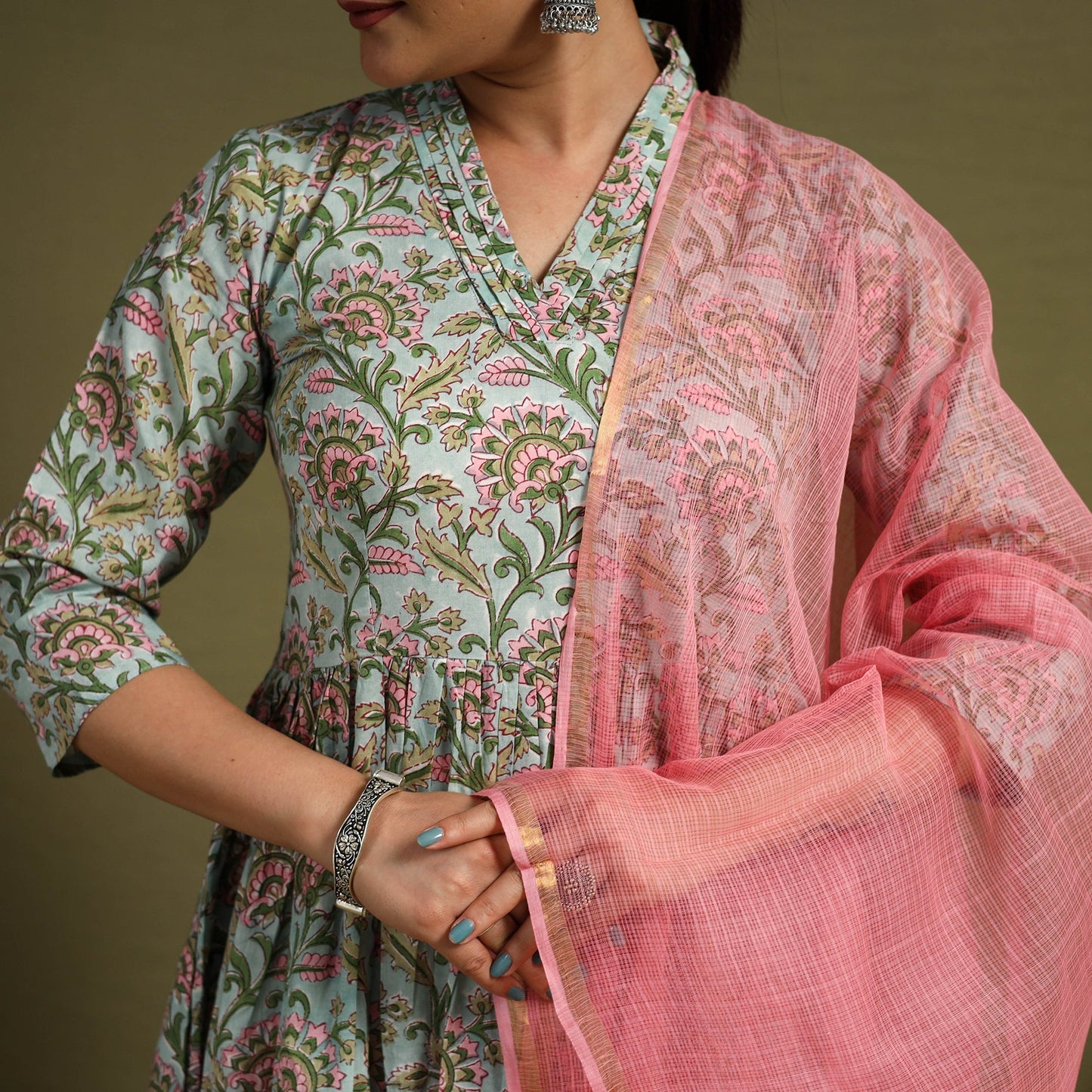 Green Block Print Cotton Sanganeri Kurta Set (Set of 3)