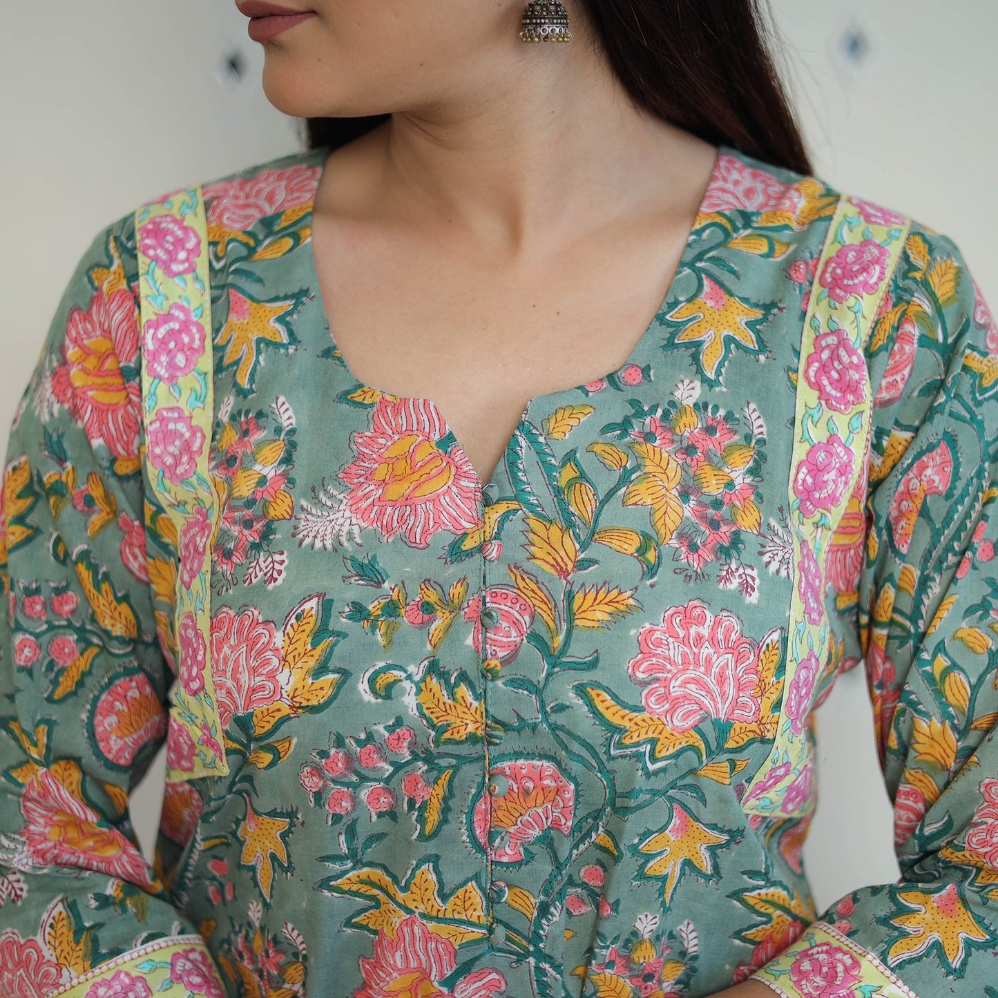 Green Straight Cotton Sanganeri Print Kurta for Women