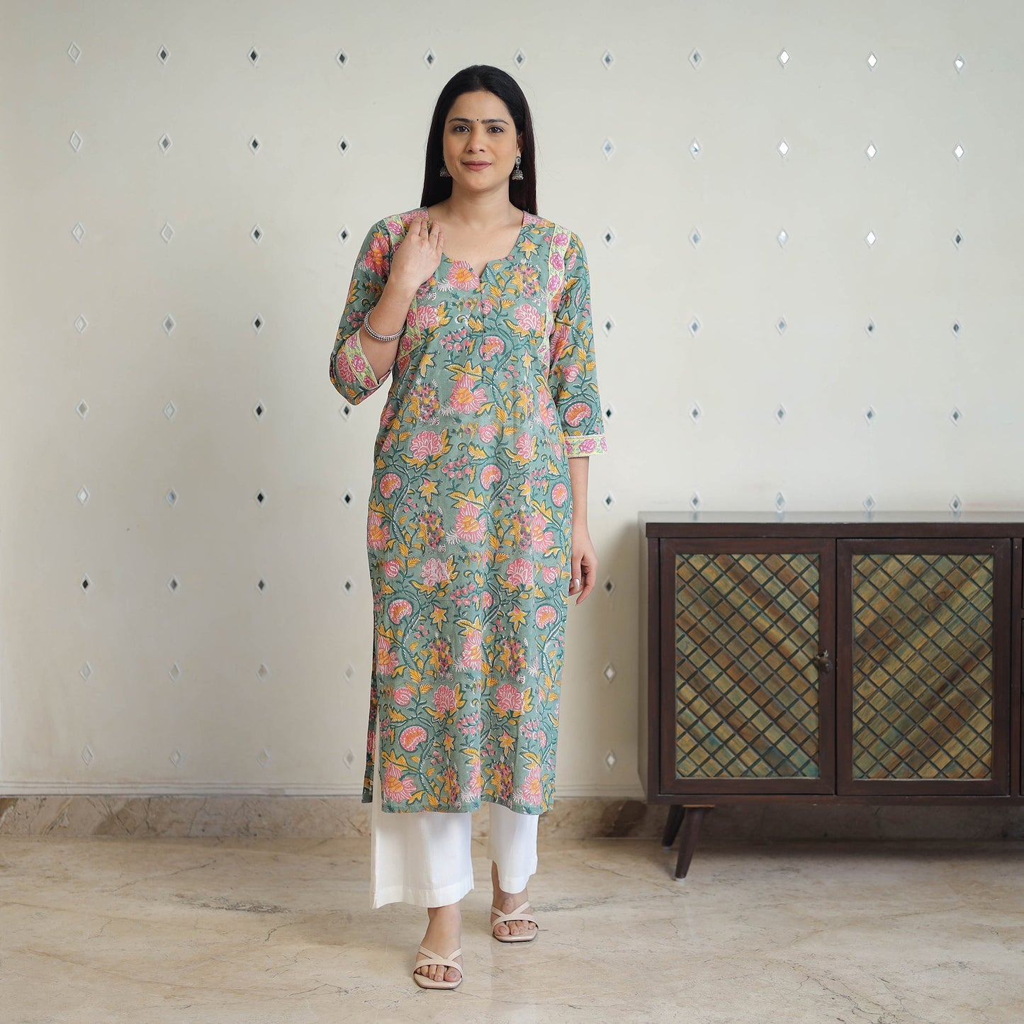 Green Straight Cotton Sanganeri Print Kurta for Women