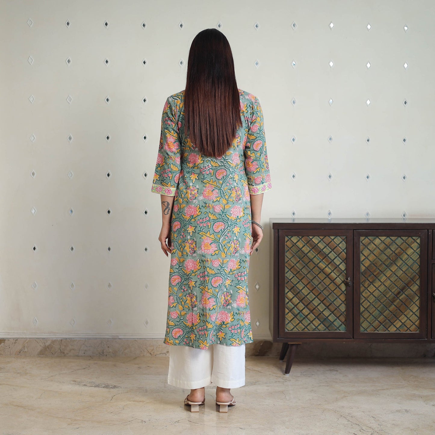 Green Straight Cotton Sanganeri Print Kurta for Women