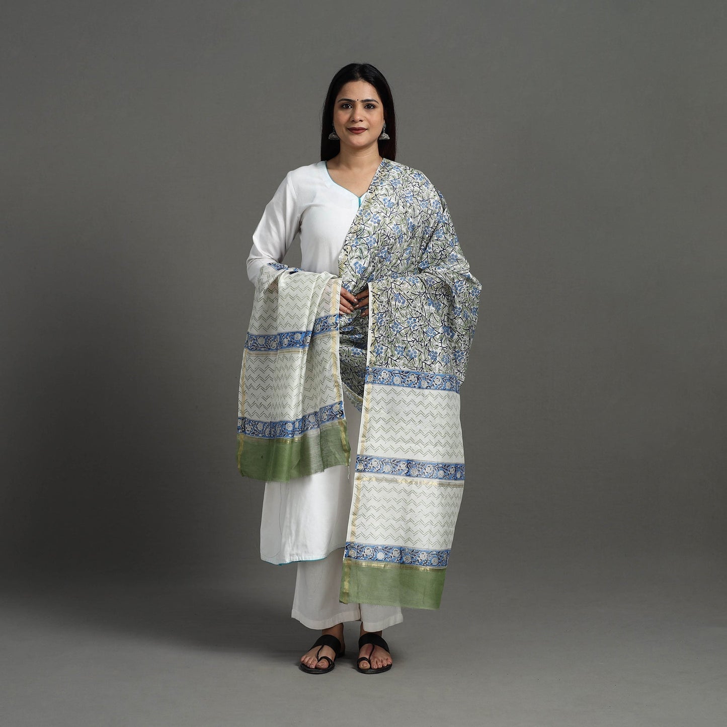 Green - Block Print Handloom Chanderi Silk Sanganeri Dupatta 02