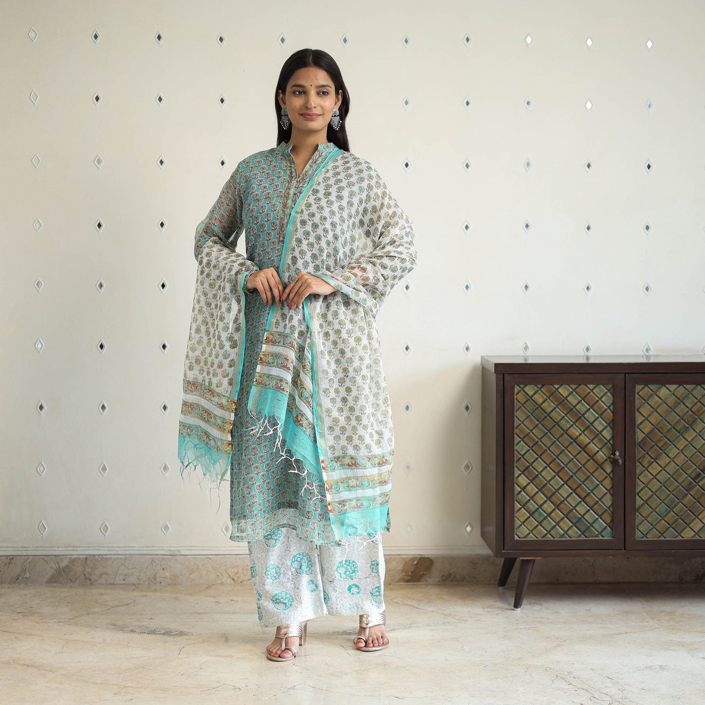 Green Block Print Kota Doria Cotton Sanganeri Kurta Set (Set of 3)
