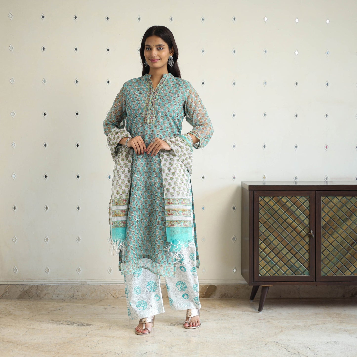 Green Block Print Kota Doria Cotton Sanganeri Kurta Set (Set of 3)