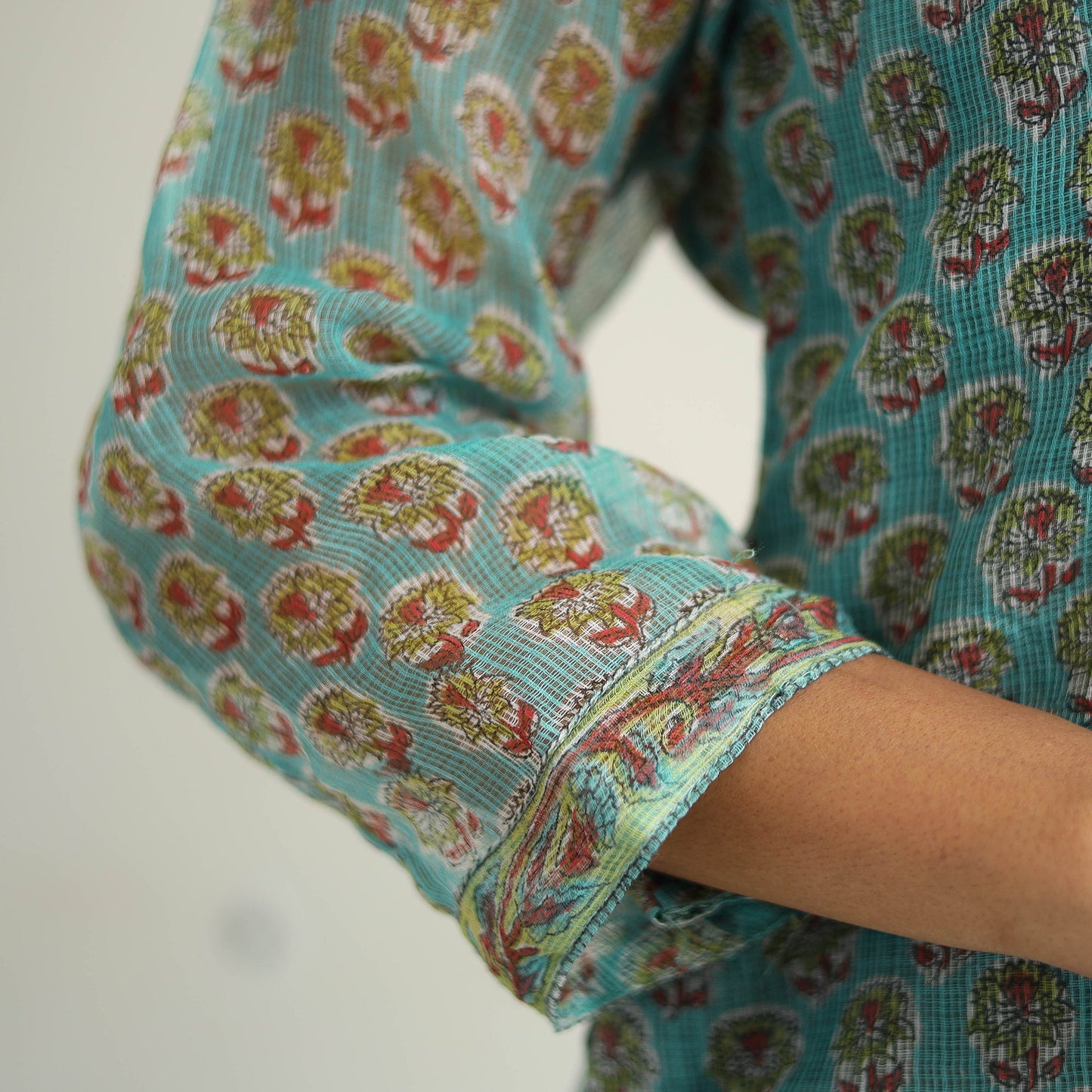 Green Block Print Kota Doria Cotton Sanganeri Kurta Set (Set of 3)