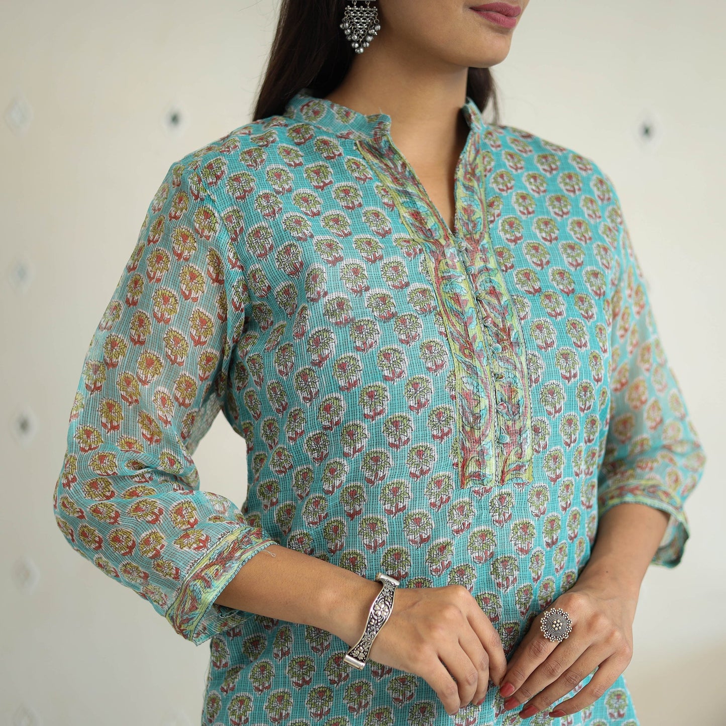Green Block Print Kota Doria Cotton Sanganeri Kurta Set (Set of 3)
